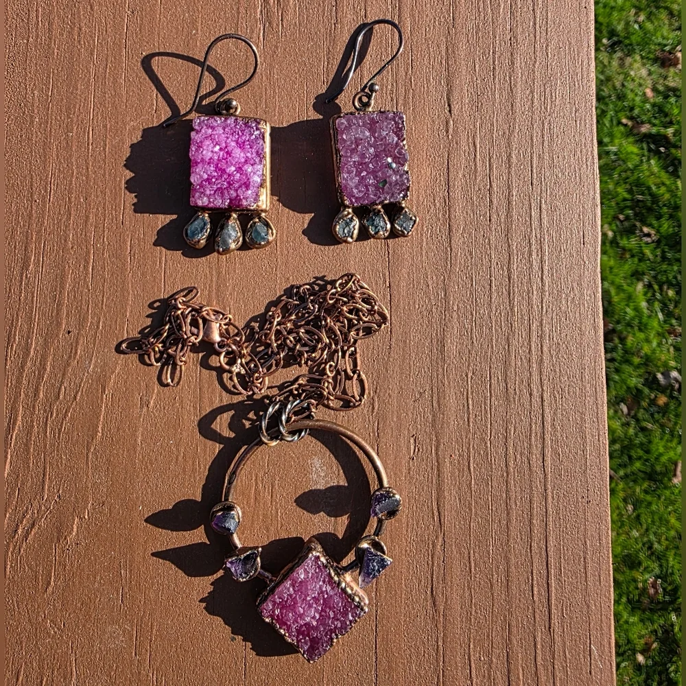 Beautiful Multi-Color Druzy Pendant & Earring Set in Copper